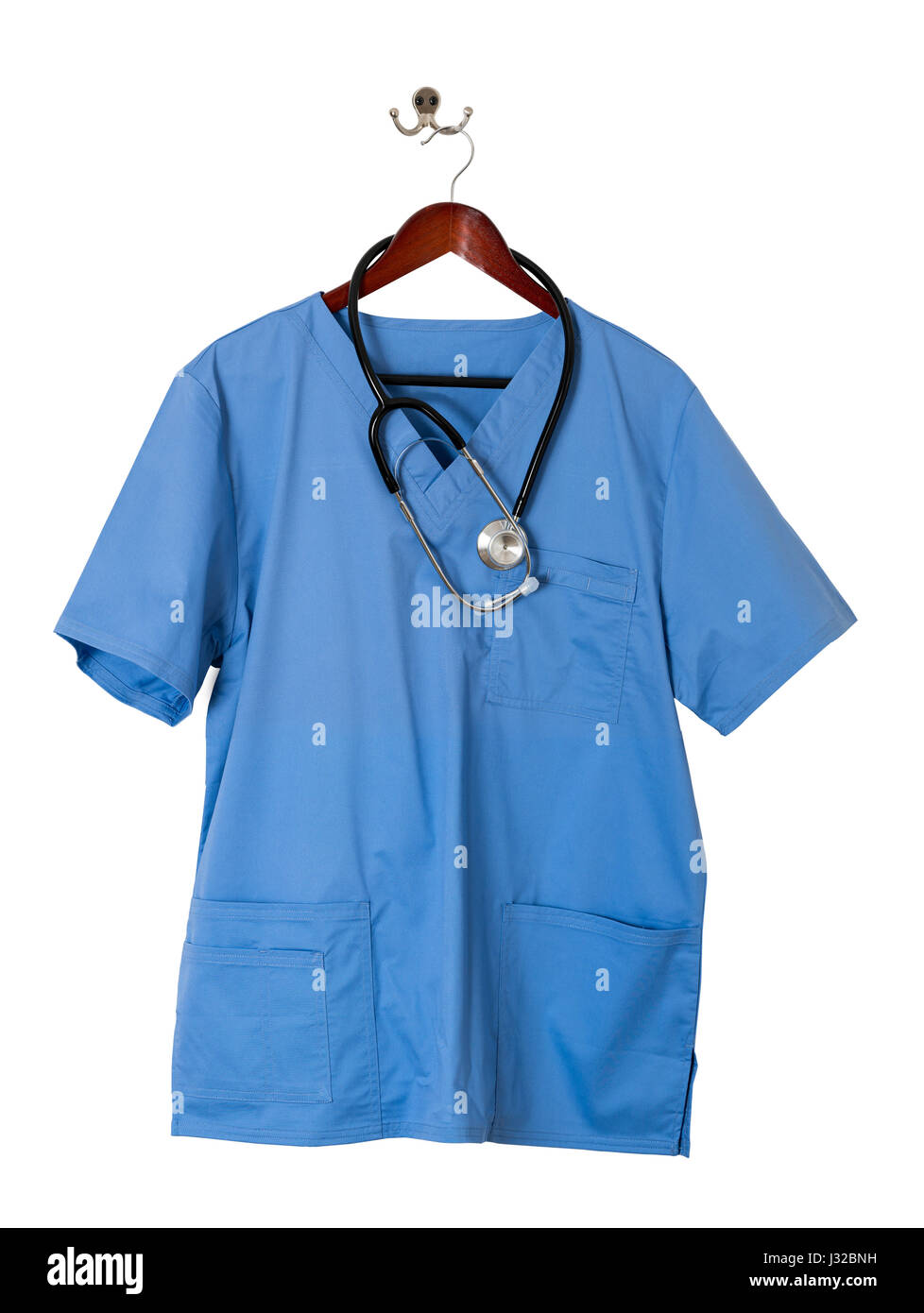 Blue medica Doctor scrubs uniform shirt with stethoscope Stock Photo