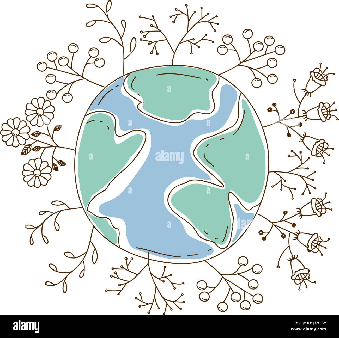 watercolor silhouette of planet earth surrounded by plants and trees ...