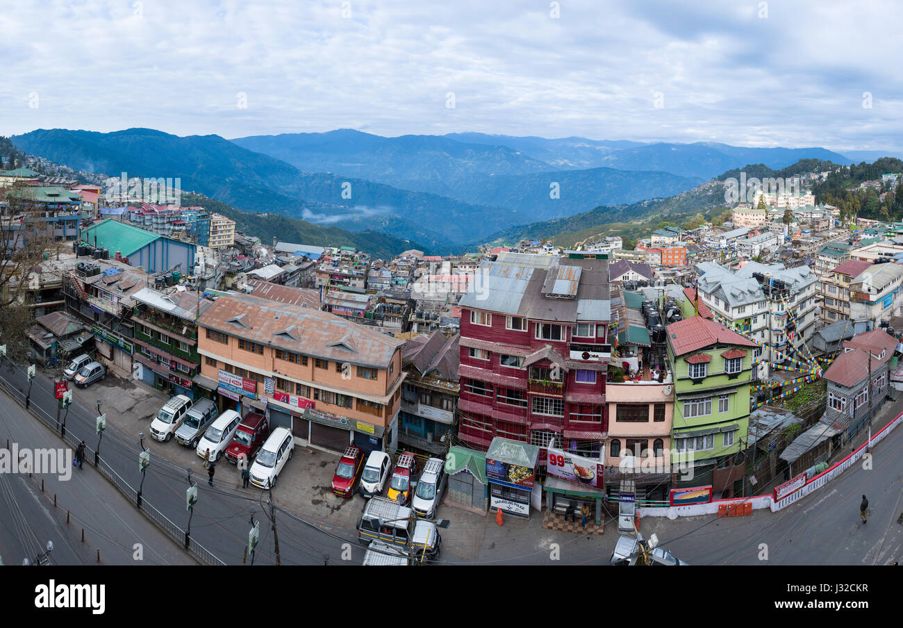 DARJEELING, INDIA - NOVEMBER 28, 2016: Darjeeling city center packed with shops, restaurants and hostels Stock Photo