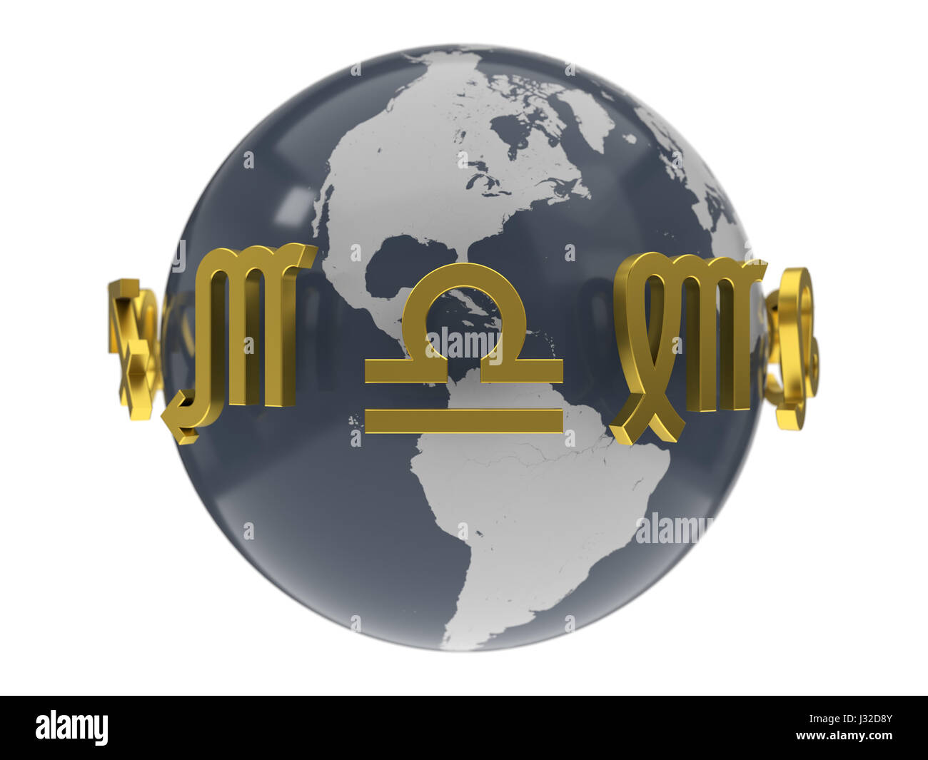 3d illustration of golden zodiac symbols around earth model Stock Photo
