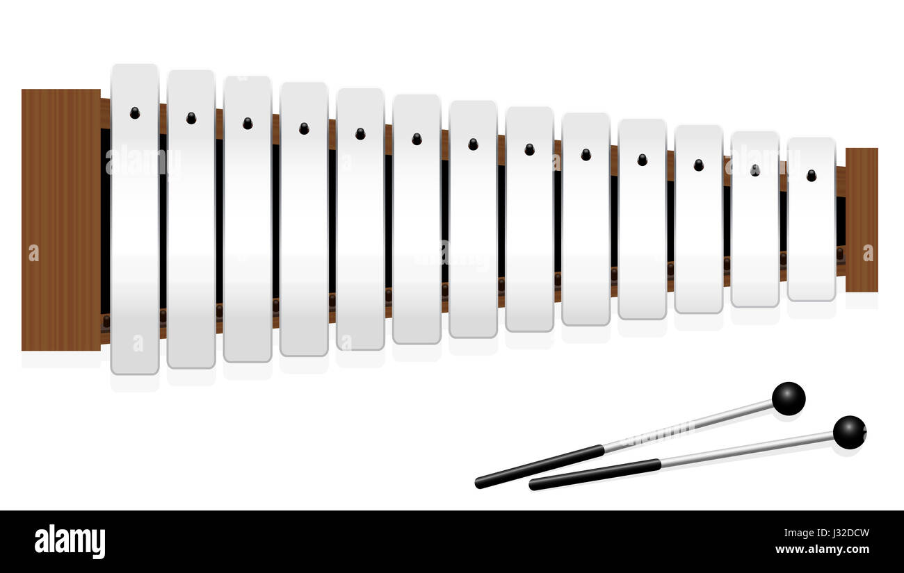 Glockenspiel or metallophone with thirteen metal bars and two percussion mallets - top view - isolated illustration on white background. Stock Photo