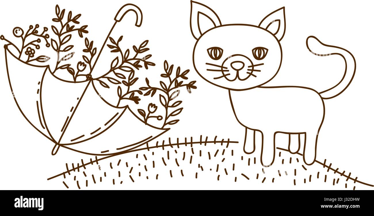 brown contour graphic of cat in hill and umbrella with plants Stock