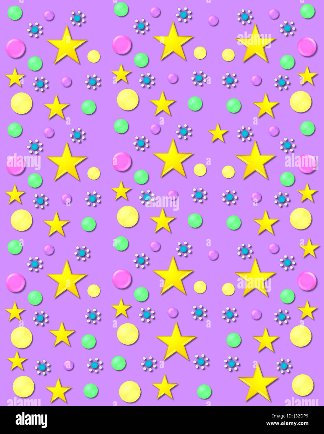 3D bubbles in yellow, pink and green cover lilac background.  Stars and gem encircled flowers and float across background. Stock Photo