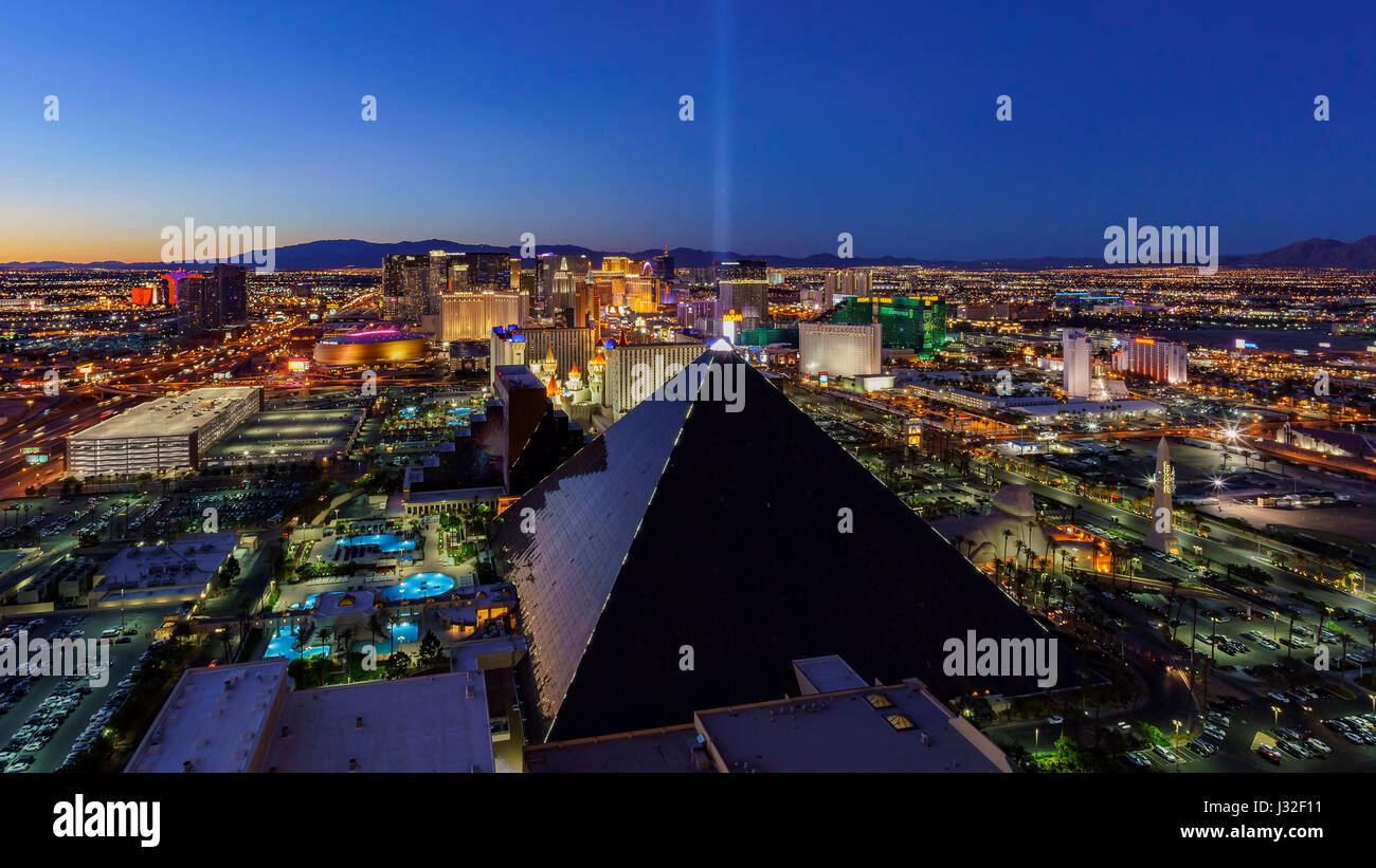 Superb night aerial view of Strip, Las Vegas and Casinos from Skyfall Loung, Mandaly Bay, Nevada Stock Photo