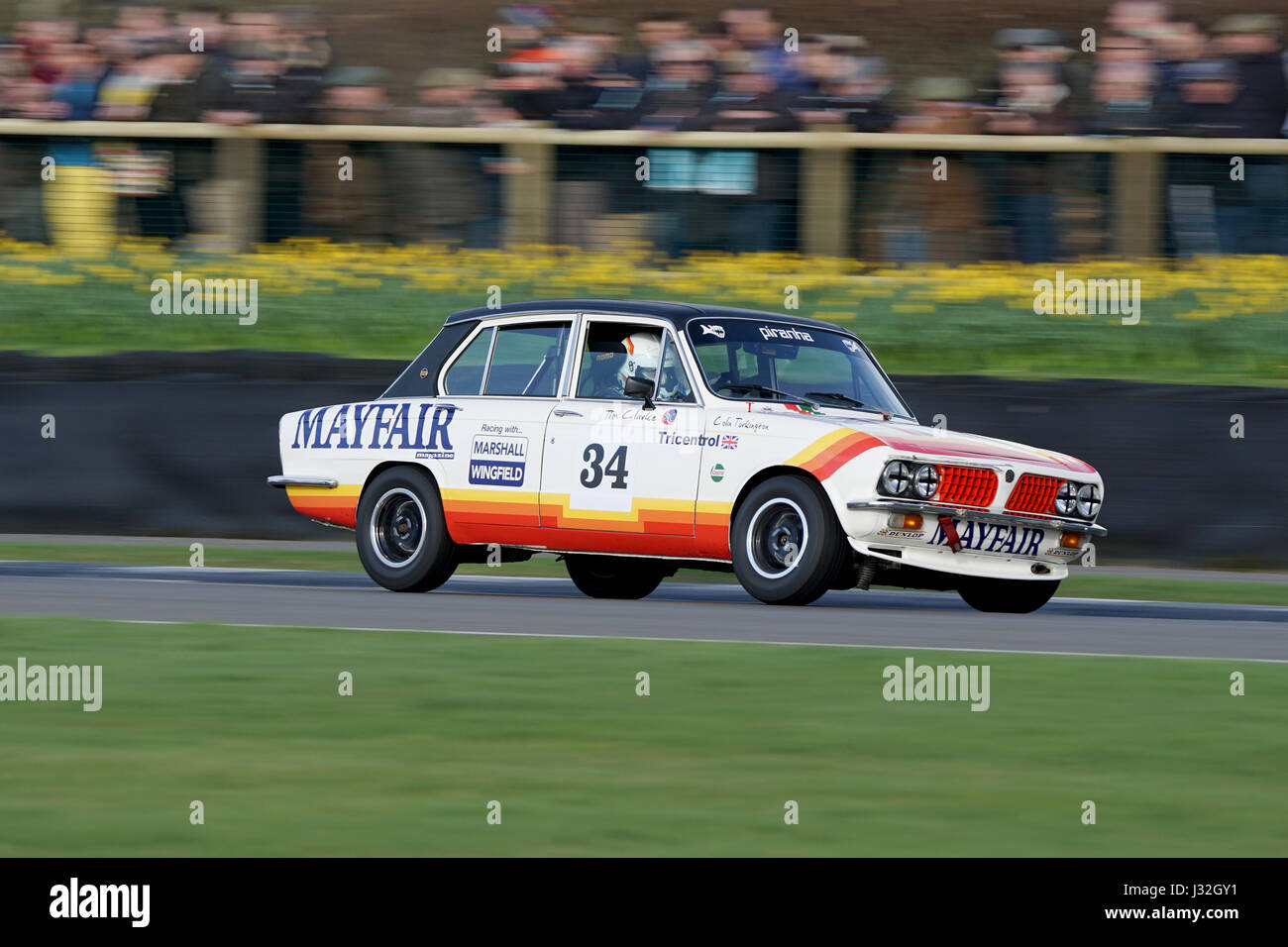 The Triumph Dolomite Sprint of Tim Clarke and Colin Turkington at speed during the 75th Goodwood Members Meeting Stock Photo
