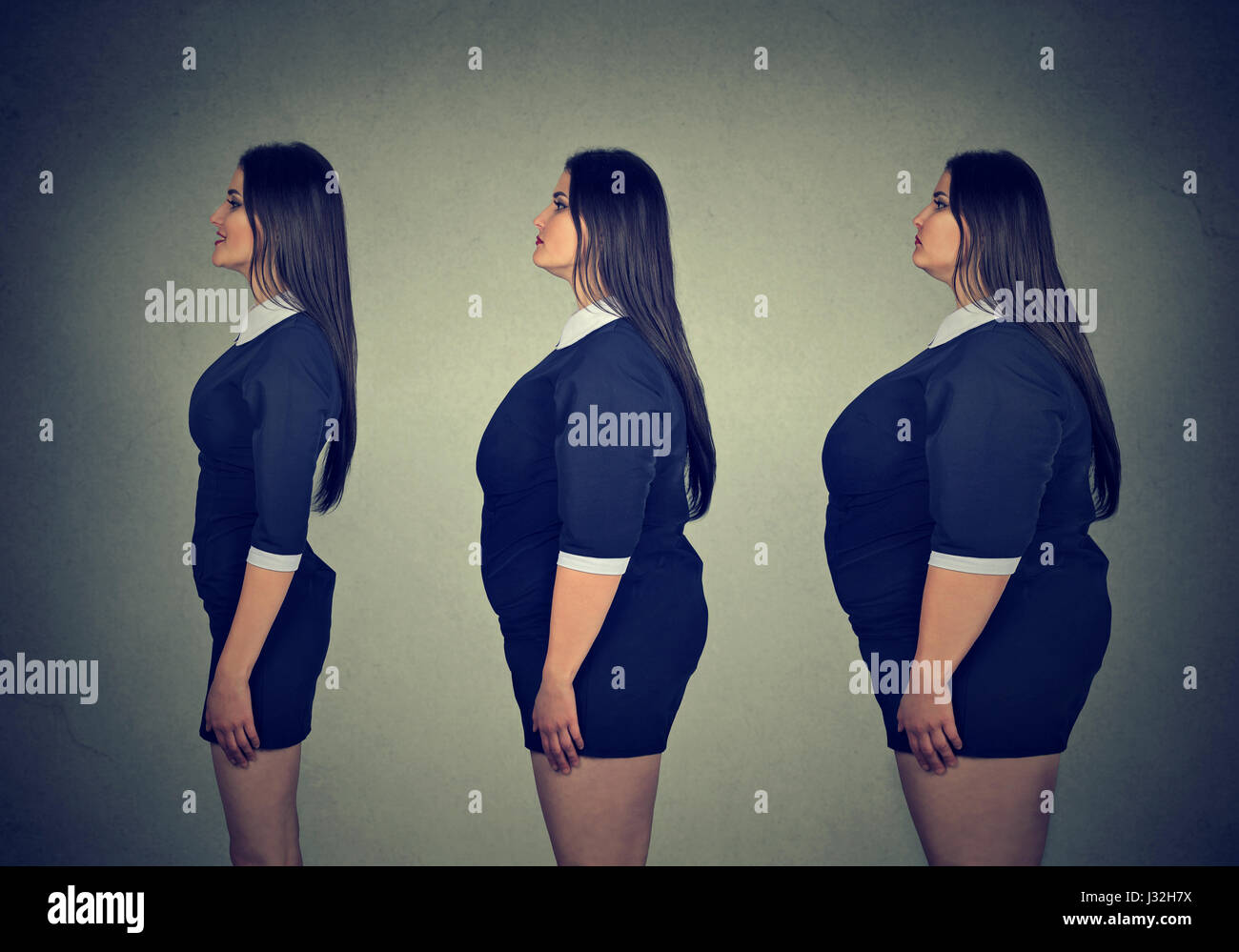 Transformation. Young fat woman becoming slim fit girl. Diet choice right nutrition healthy lifestyle concept Stock Photo