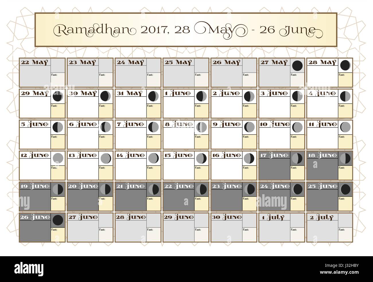 Ramadan calendar 2017, 28th May. Check date choice. Includes: fasting tick calendar, moon cycle - phases, 30 days of Ramadan on white background with Islamic pattern. Vector illustration. Stock Vector