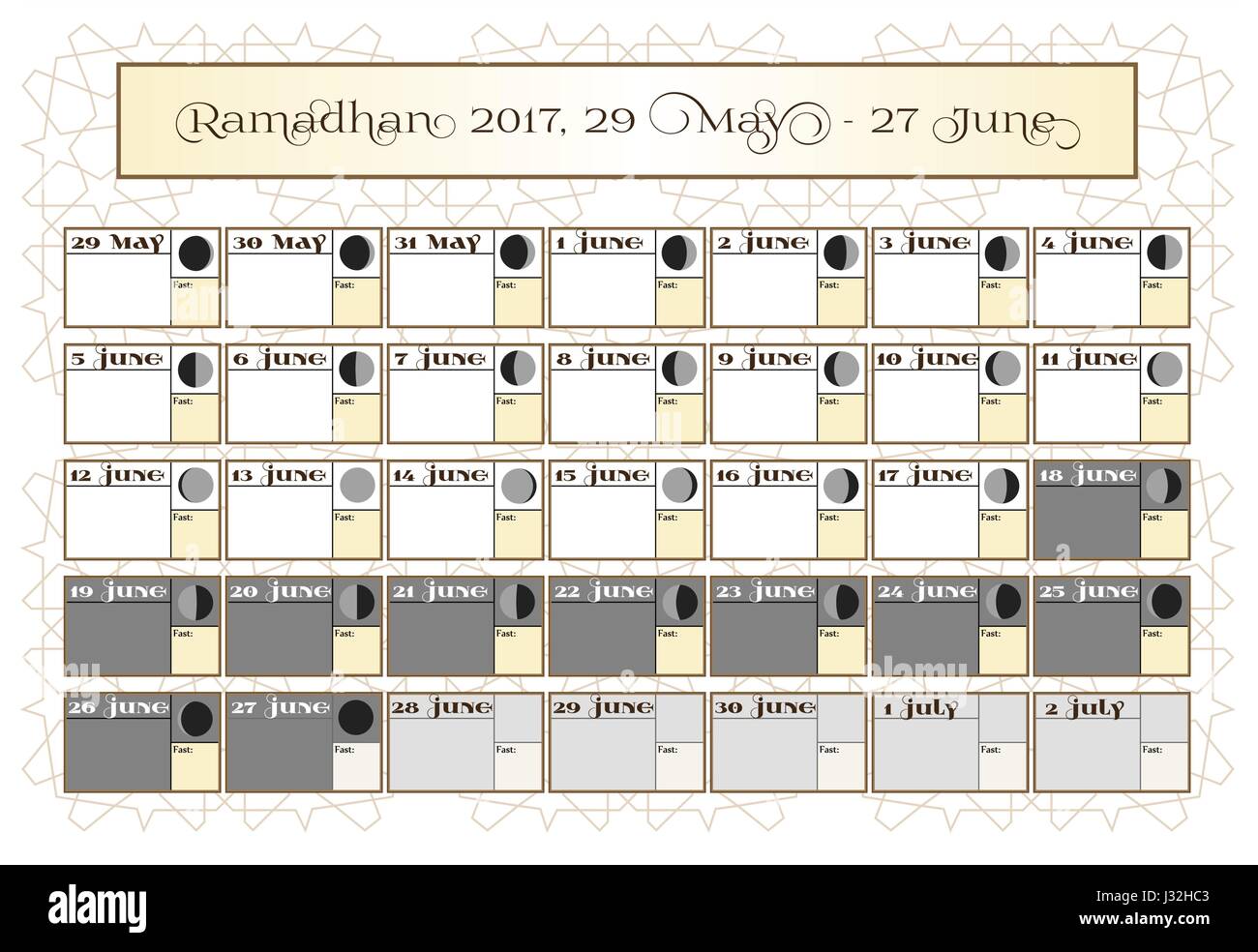 Ramadan calendar 2017, 29th May. Check date choice. Includes: fasting tick calendar, moon cycle - phases, 30 days of Ramadan on white background with Islamic pattern. Vector illustration. Stock Vector