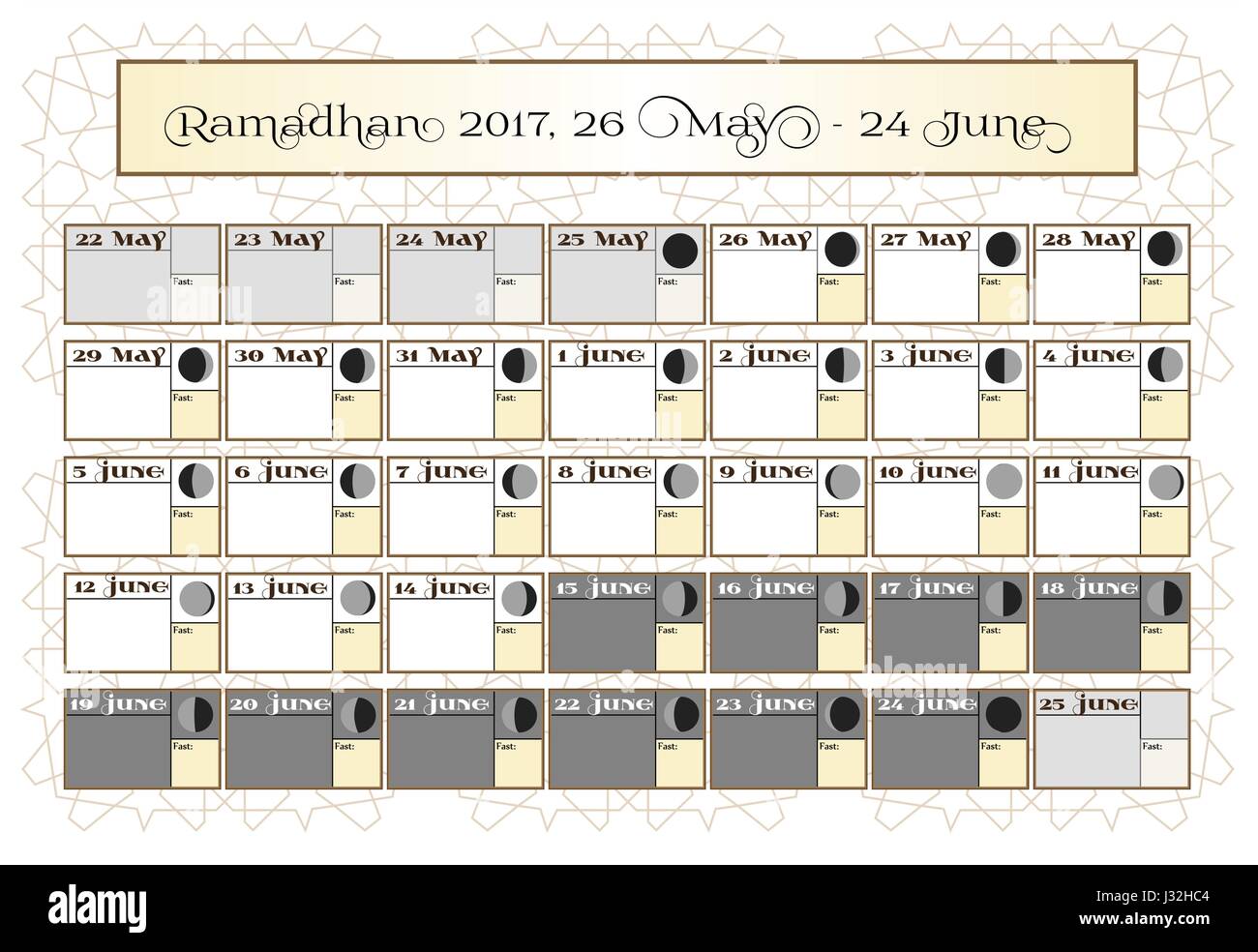 Ramadan calendar 2017, 26th May. Check date choice. Includes: fasting tick calendar, moon cycle - phases, 30 days of Ramadan on white background with Islamic pattern. Vector illustration. Stock Vector