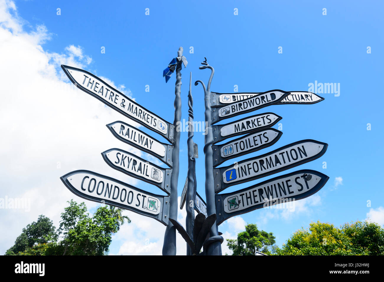 Signpost pointing to tourist attractins in Kuranda Village, Far North ...