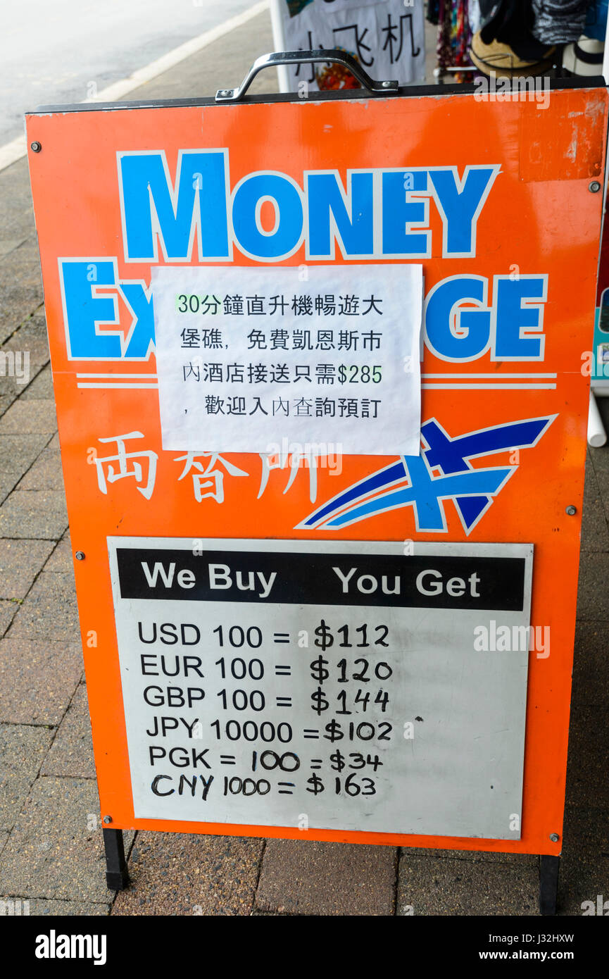 Money Exchange board showing rate of exchange of some Asian currencies, Far North Queensland