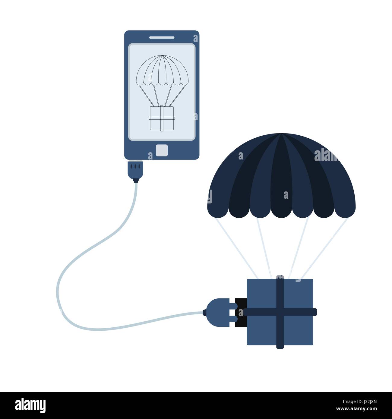 Delivery connected to a cell phone through a usb cable. Outline of the parachute being shown on the mobile monitor. Flat design. Isolated. Stock Vector