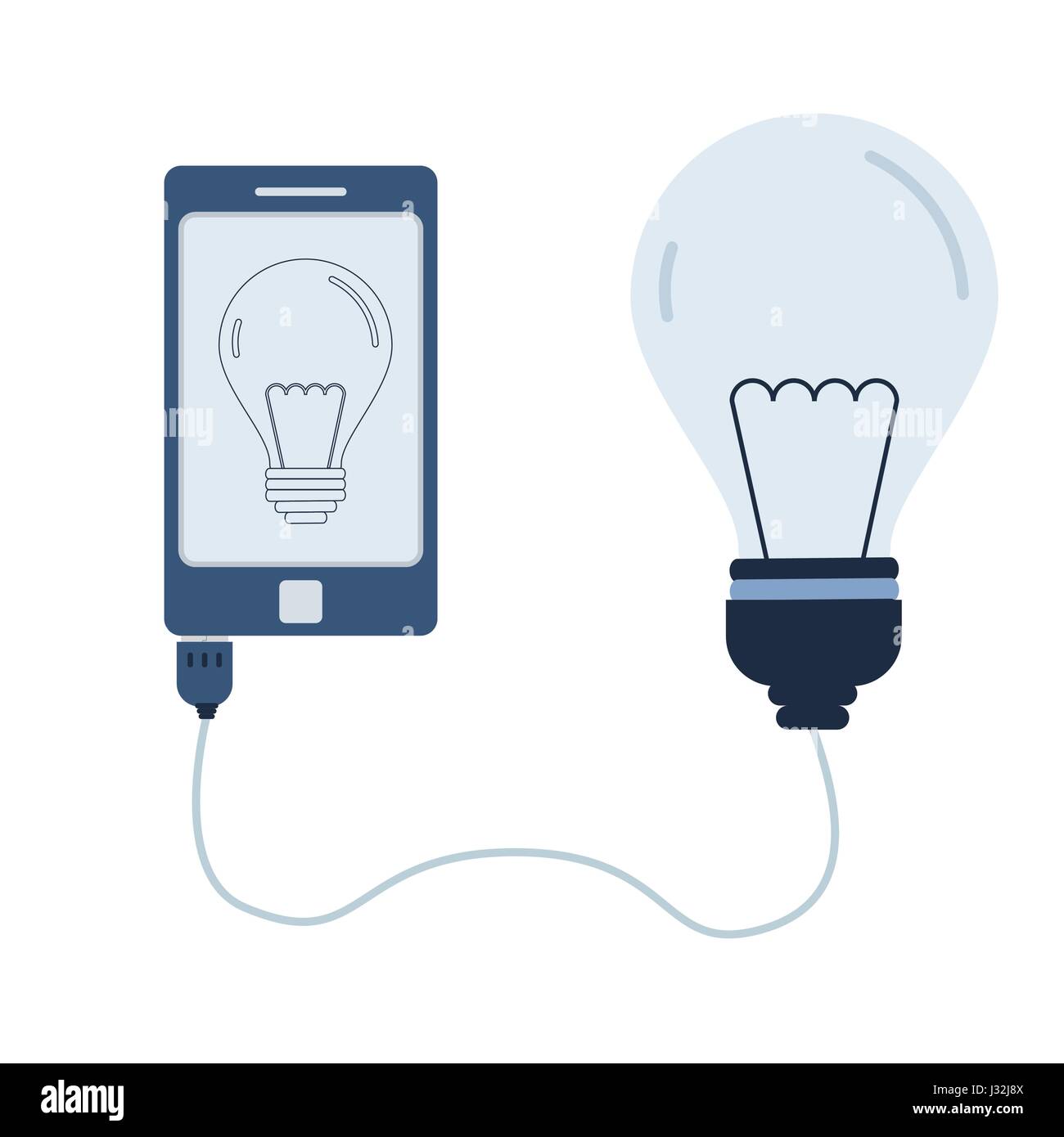 Light bulb connected to a cell phone through a usb cable. Outline of the lamp bulb being shown on the mobile monitor. Flat design. Isolated. Stock Vector
