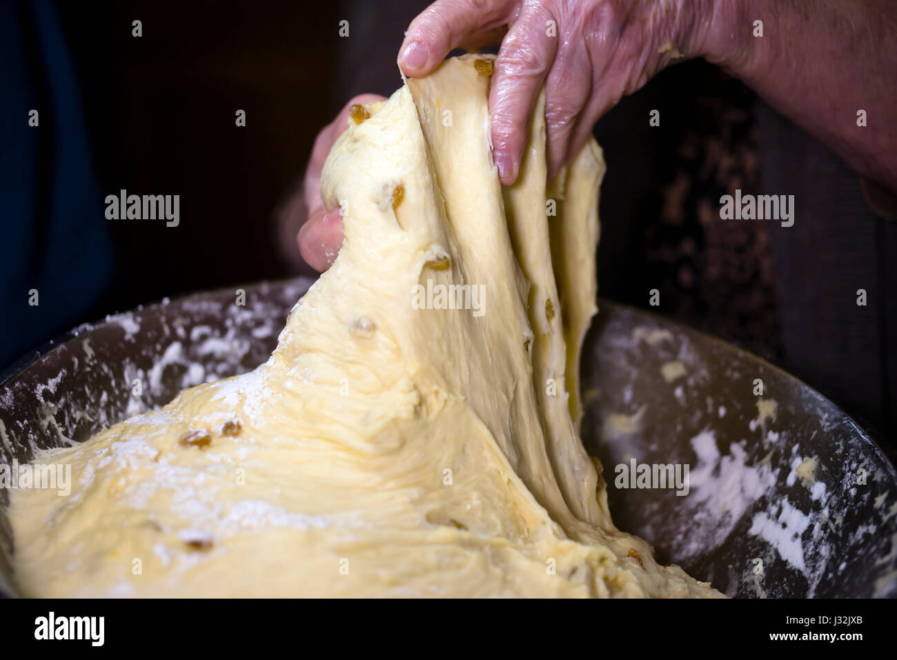 Skilful hands experienced hostess kneaded the soft form viscous pastry with raisins in pastries, pulling the dough and divide it into portions. Stock Photo