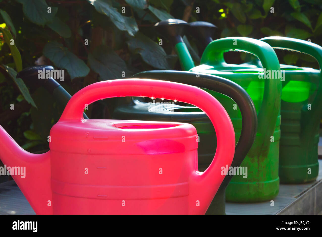 Four empty watering cans or pots in red and green waiting in the sun to be used, dark  background, symbol for garden work in summer Stock Photo