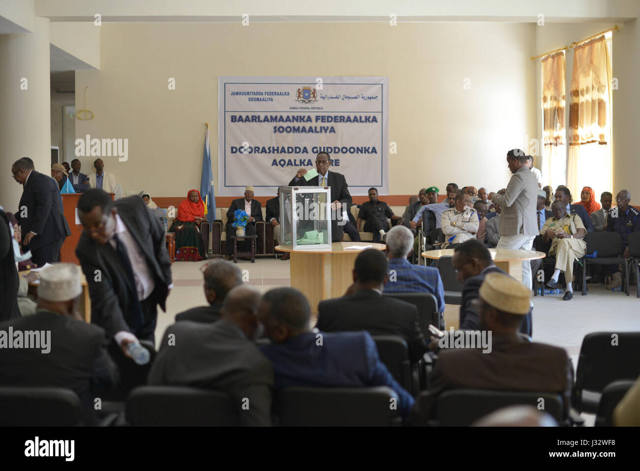 Senators belonging to the Upper House cast their votes to determine the Speaker of the Upper House, as well as the two Deputy Speakers, during an election in Mogadishu, Somalia, on January 22, 2017. AMISOM Photo / Tobin Jones Stock Photo
