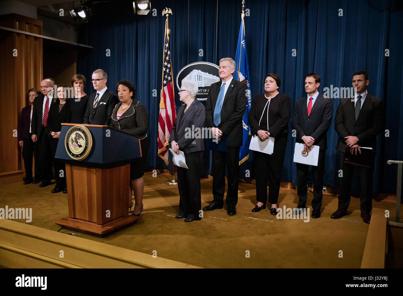 011117: Washington, DC - CBP Attends Press Conference at the Department Of Justice - Volkswagen Emissions Investigation.  Announcement was made by Attorney General Loretta E. Lynch seen here speaking.  Announcements were also made by EPA Administrator Gina McCarthy and Assistant Administrator Cynthia Giles, Deputy Attorney General Sally Q. Yates, FBI Deputy Director Andrew McCabe, Acting Deputy Secretary Russell C. Deyo for the Department of Homeland Security, U.S. Attorney Barbara L. McQuade of the Eastern District of Michigan, Assistant Attorney General Leslie R. Caldwell of the Justice Depa Stock Photo