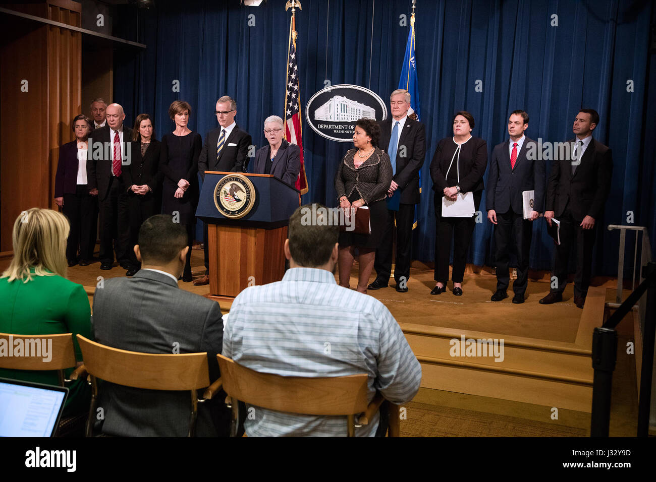 011117: Washington, DC - CBP Attends Press Conference at the Department Of Justice - Volkswagen Emissions Investigation.  Announcements were made by Attorney General Loretta E. Lynch, EPA Administrator Gina McCarthy seen here speaking, Assistant Administrator Cynthia Giles, Deputy Attorney General Sally Q. Yates, FBI Deputy Director Andrew McCabe, Acting Deputy Secretary Russell C. Deyo for the Department of Homeland Security, U.S. Attorney Barbara L. McQuade of the Eastern District of Michigan, Assistant Attorney General Leslie R. Caldwell of the Justice Department’s Criminal Division, Assist Stock Photo