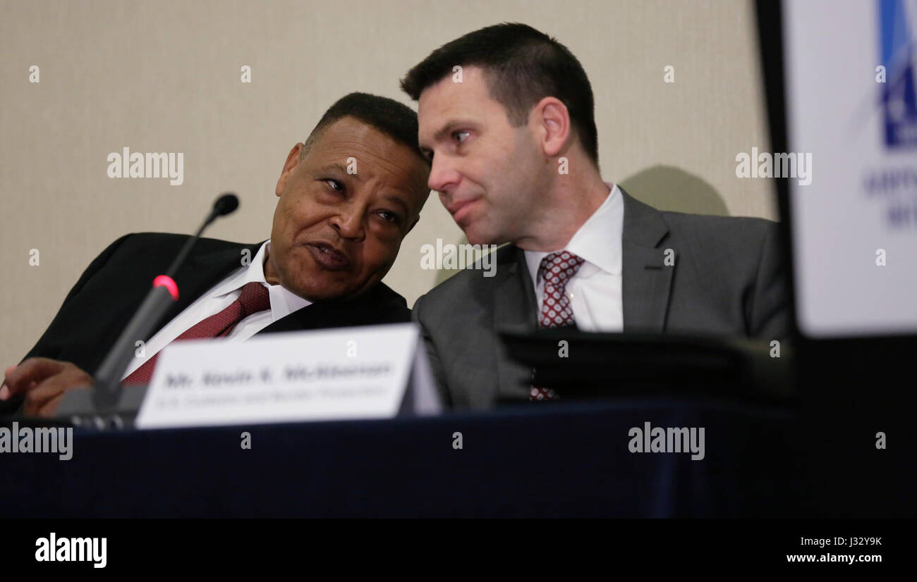 U.S. Customs and Border Protection Acting Commissioner Kevin K. McAleenan, right, converses with Carl Newman CEO of the Jackson Municipal Airport prior to delivering the keynote address to the Airports Council International - North America Conference in Washington, D.C., March 21, 2017. U.S. Customs and Border Protection Photo by Glenn Fawcett Stock Photo