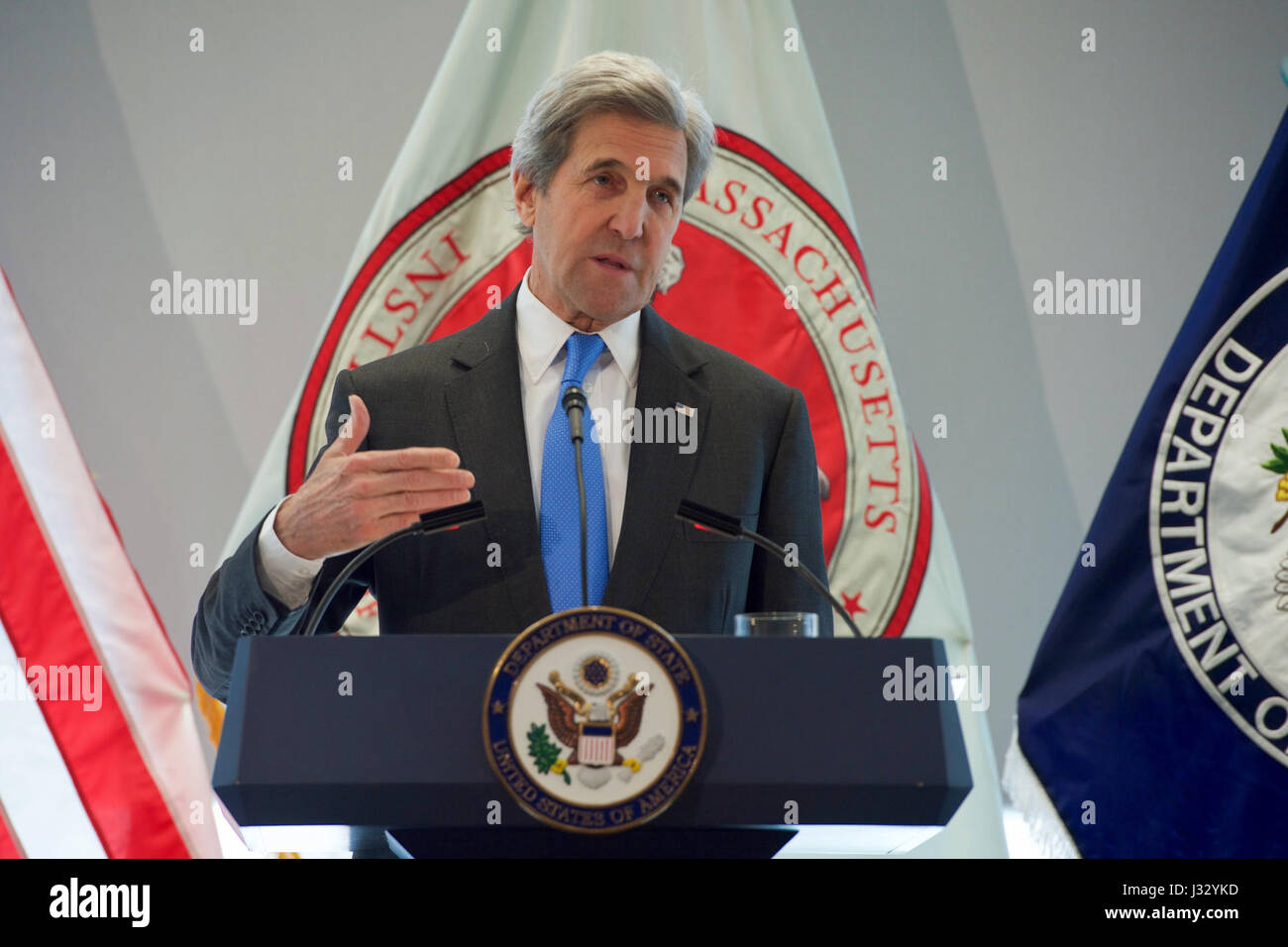 U.S. Secretary of State John Kerry delivers a speech focused on Obama administration climate change policy on January 9, 2016, during an appearance at the Massachusetts Institute of Technology Sloan School of Management in Cambridge, Massachusetts. Stock Photo