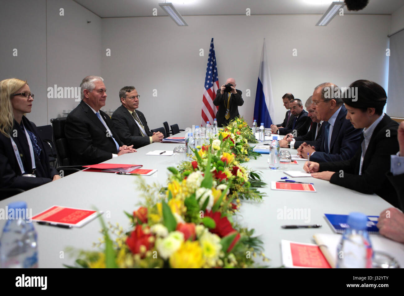 U.S. Secretary of State Rex Tillerson meets Russian Foreign Minister Sergey Lavrov during the G-20 Foreign Ministers' Meeting in Bonn, Germany, marking his first official trip. Stock Photo
