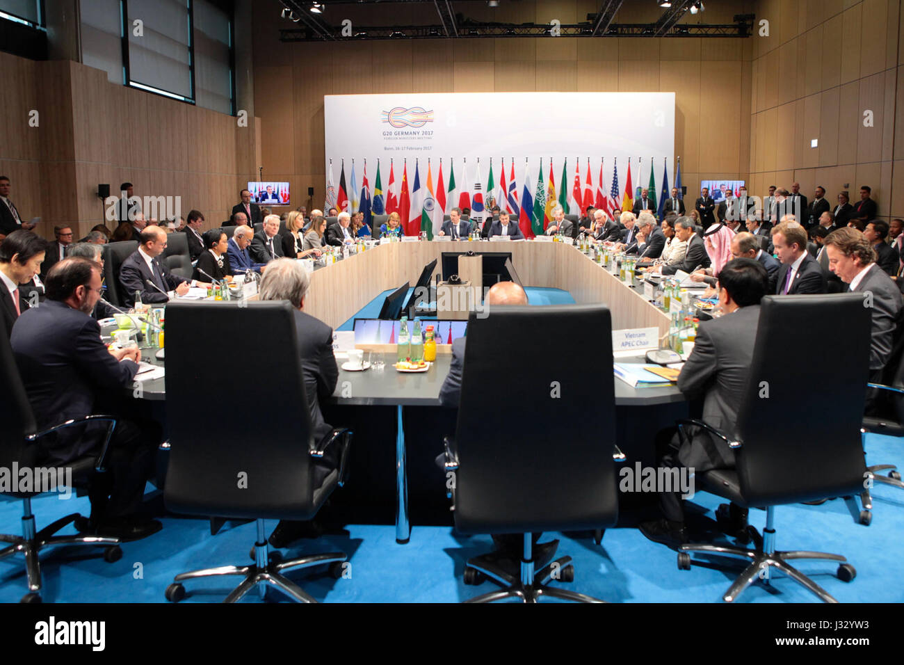 Rex Tillerson, U.S. Secretary of State, at the G-20 Foreign Ministers' Meeting in Bonn, Germany, on February 16, 2017, engaging in international diplomacy discussions. Stock Photo