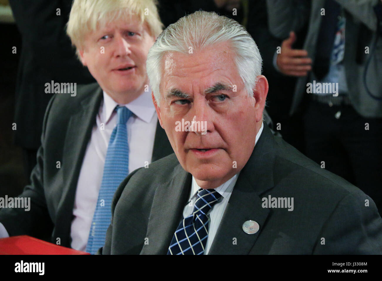 U.S. Secretary of State Rex Tillerson and British Foreign Secretary Boris Johnson participate in Day 2 of the G7 Ministerial Working Session with counterparts from Japan, Germany, Italy, France, Canada, and the European Union, in Lucca, Italy, on April 11, 2017. Stock Photo