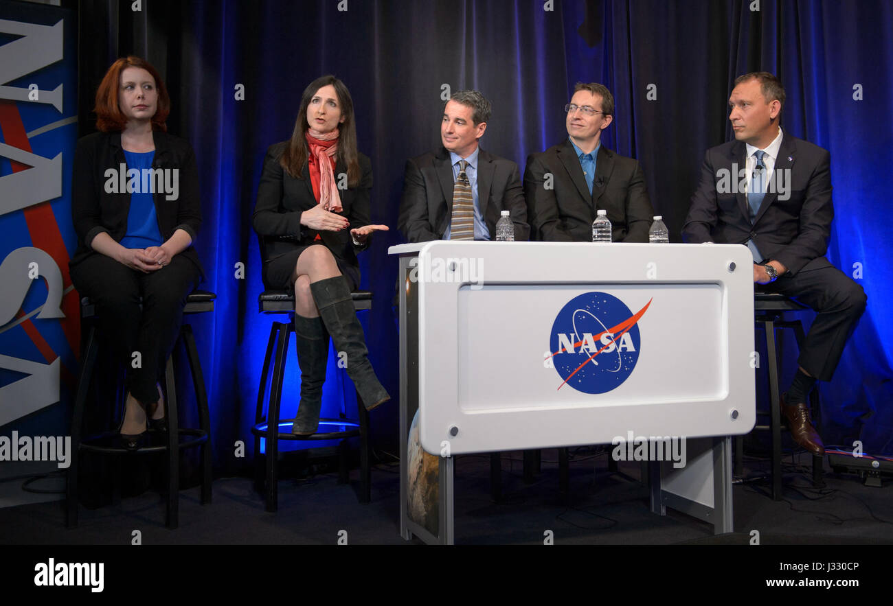 TRAPPIST-1 planets briefing with presenters, from left, Astronomer at the Space Telescope Science Institute in Baltimore Nikole Lewis, Professor of planetary science and physics at Massachusetts Institute of Technology, Cambridge Sara Seager, Manager of NASA's Spitzer Science Center at Caltech/IPAC, Pasadena, California Sean Carey, University of Liege in Belgium Astronomer Michael Gillon, and NASA Associate Administrator of the Science Mission Directorate Thomas Zurbuchen, Wednesday, Feb. 22, 2017 at NASA Headquarters in Washington. Researchers revealed the first known system of seven Earth-si Stock Photo
