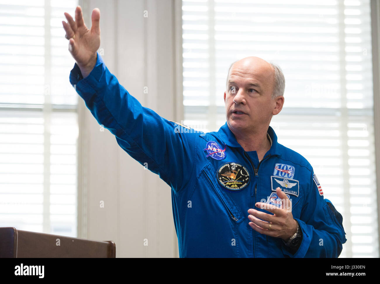 NASA Astronaut Jeff Williams speaks about his time onboard the International Space Station during Expeditions 47 and 48 with leadership of the National Park Service Thursday, March 23, 2017 at the U.S. Department of the Interior in Washington. Jeff Williams completed his fourth mission when he landed in a remote area near the town of Zhezkazgan, Kazakhstan in September 2016, breaking the record for most days in space with a total of 534 days. Photo Credit: (NASA/Aubrey Gemignani) Stock Photo
