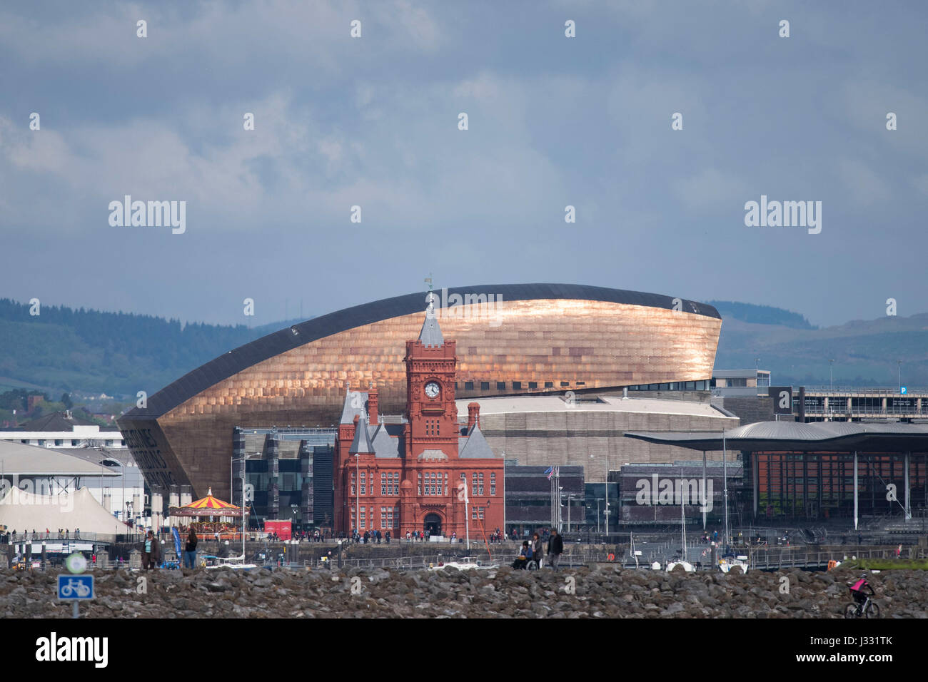 The red brick Pierhead building, Senedd and Wales Millennium Centre seen from Cardiff Bay barrage at Cardiff, Wales, UK. Stock Photo