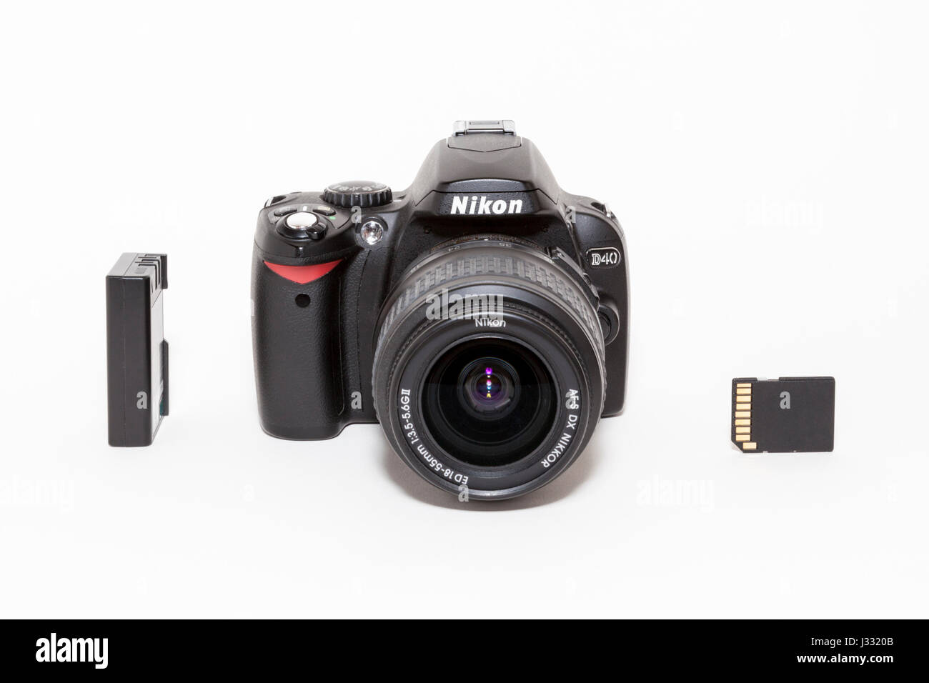 35mm Nikon D40 DSLR camera with battery and SD card on a white background  Stock Photo - Alamy