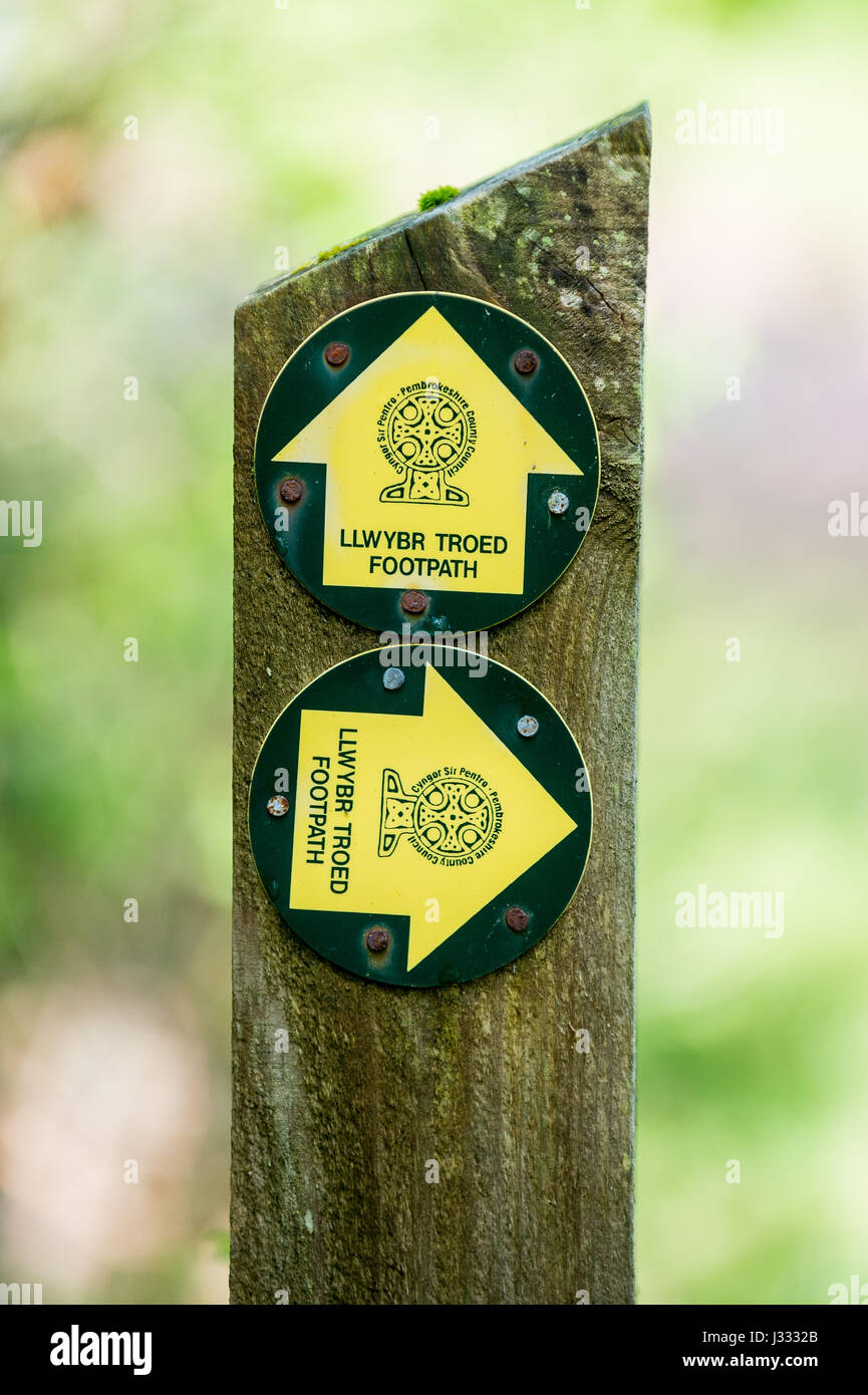 Footpath signs at Canaston Woods, Pembrokeshire, Wales, UK Stock Photo