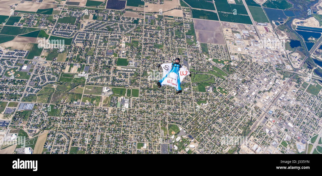 Diego Calderoni flies his Wingsuit over Caldwell Idaho Stock Photo