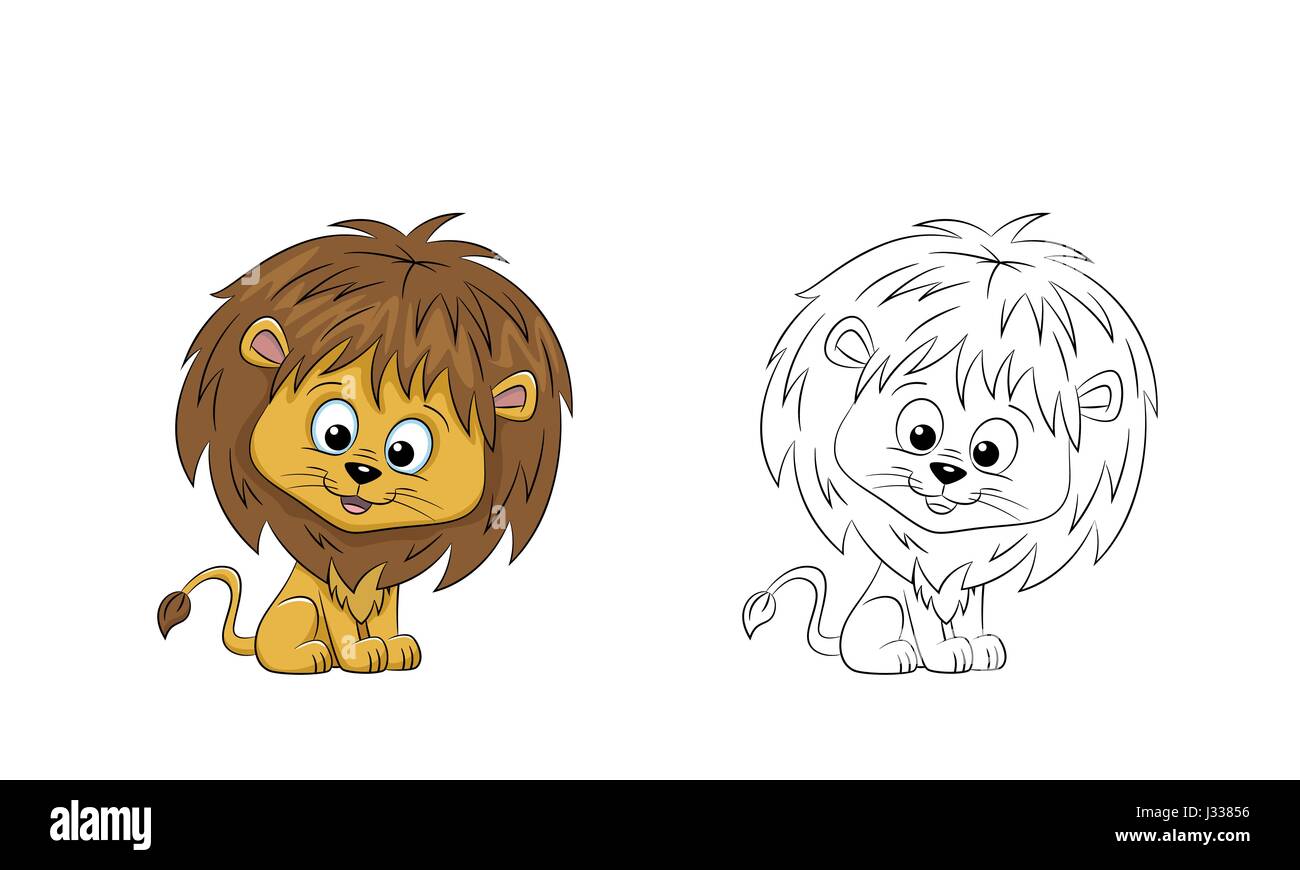 Illustration of a cute lion, painted and contour Stock Vector