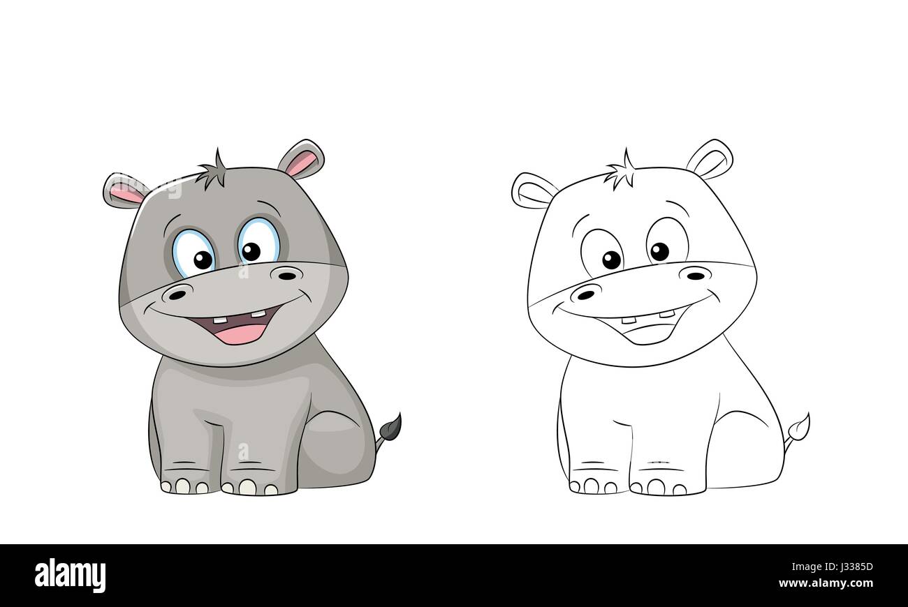 Illustration of a cute hippo, painted and contour Stock Vector