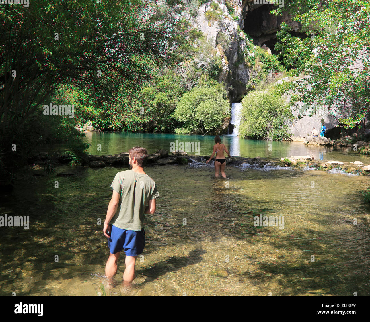 Plunge pool swimming pond, Cueva del Gato, Benaojan, Serrania de Ronda, Malaga province, Spain Stock Photo