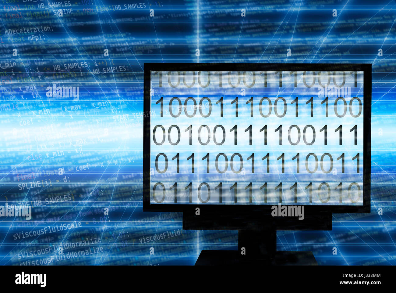 computer monitor with binary digits and screen and code in background Stock Photo