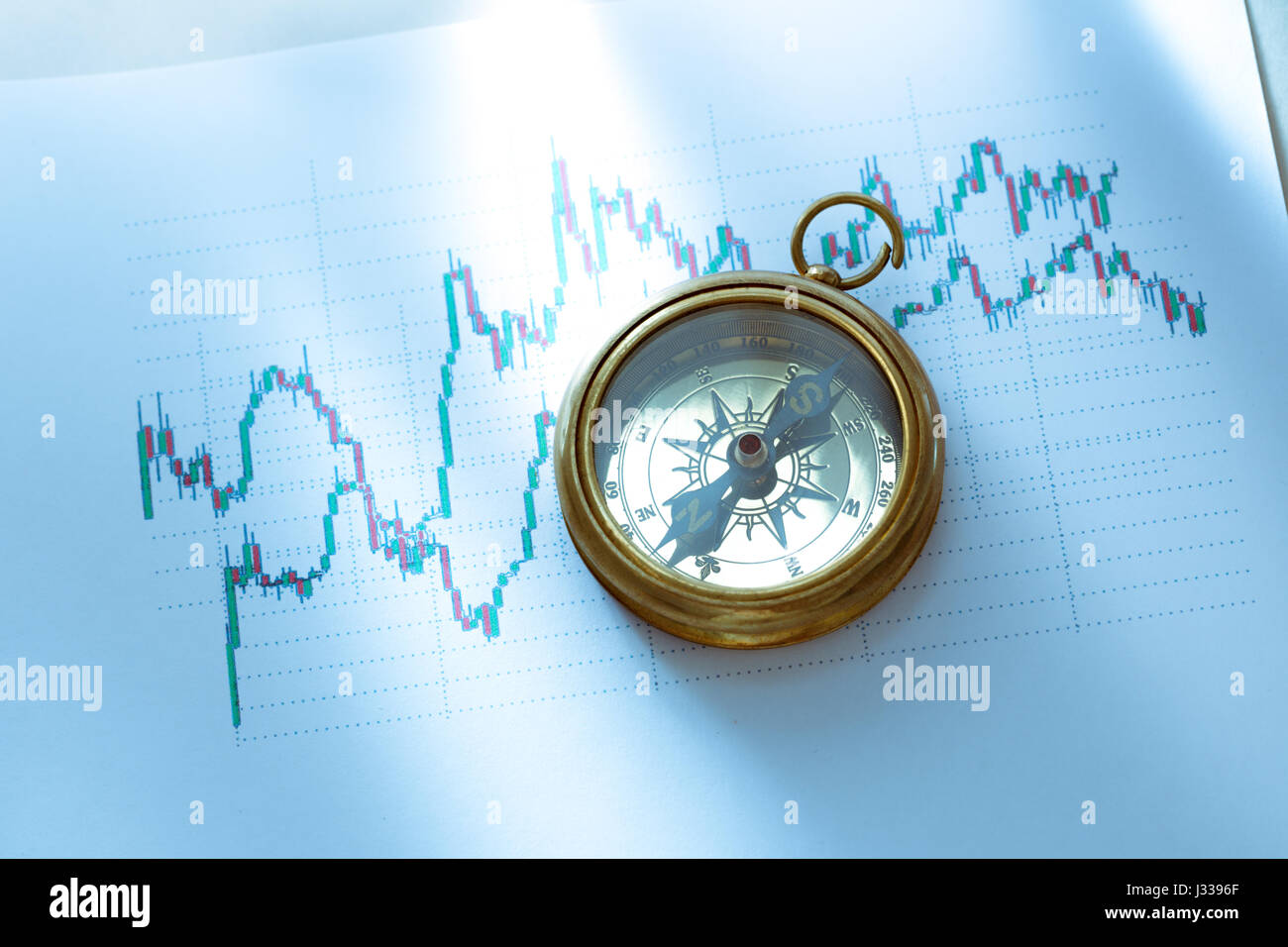 Compass on stock market data chart in closeup Stock Photo - Alamy
