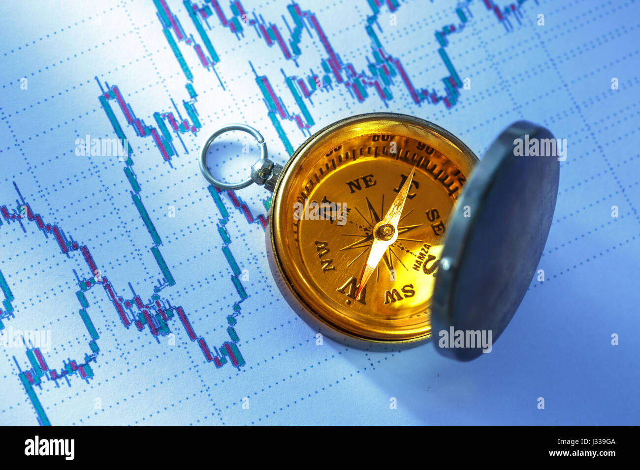 Stock Rotation Compass Ess Compass on stock market data chart in closeup Stock Photo - Alamy
