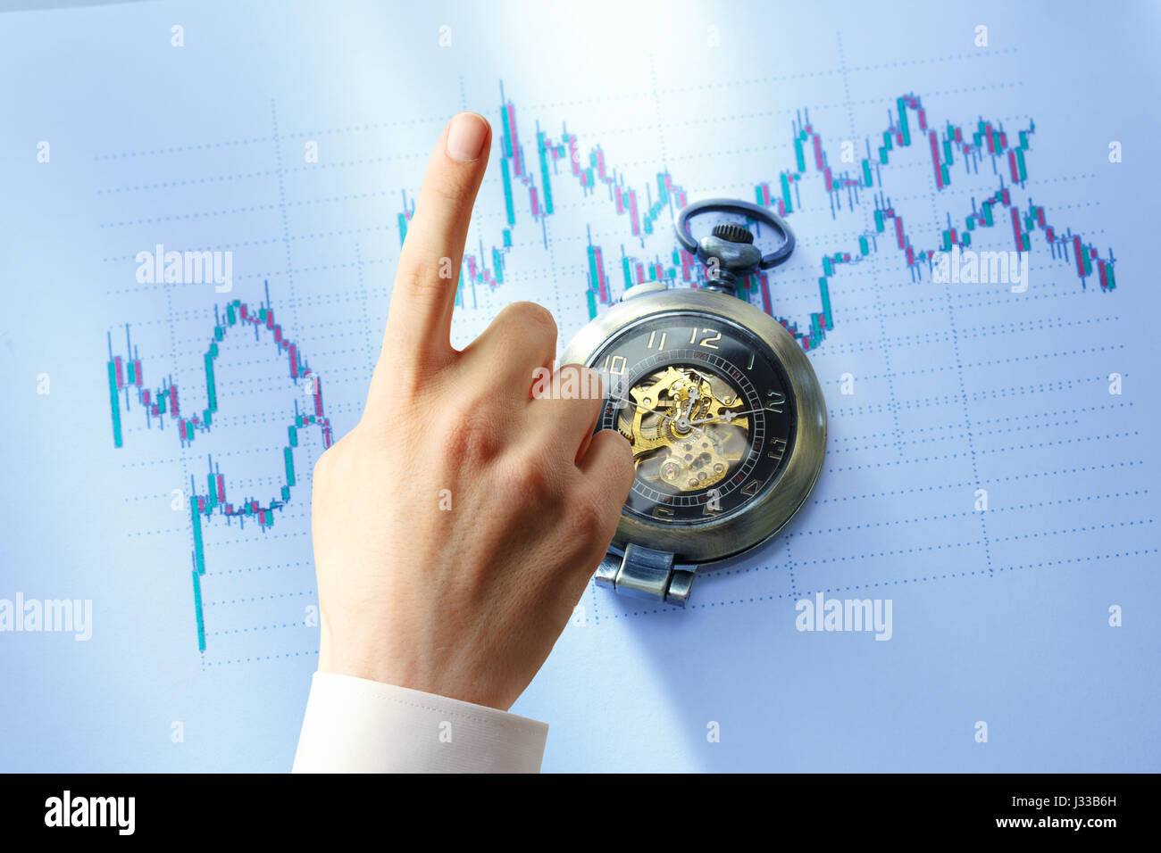 Candlestick chart, pocket watch and pointing forefinger Stock Photo - Alamy