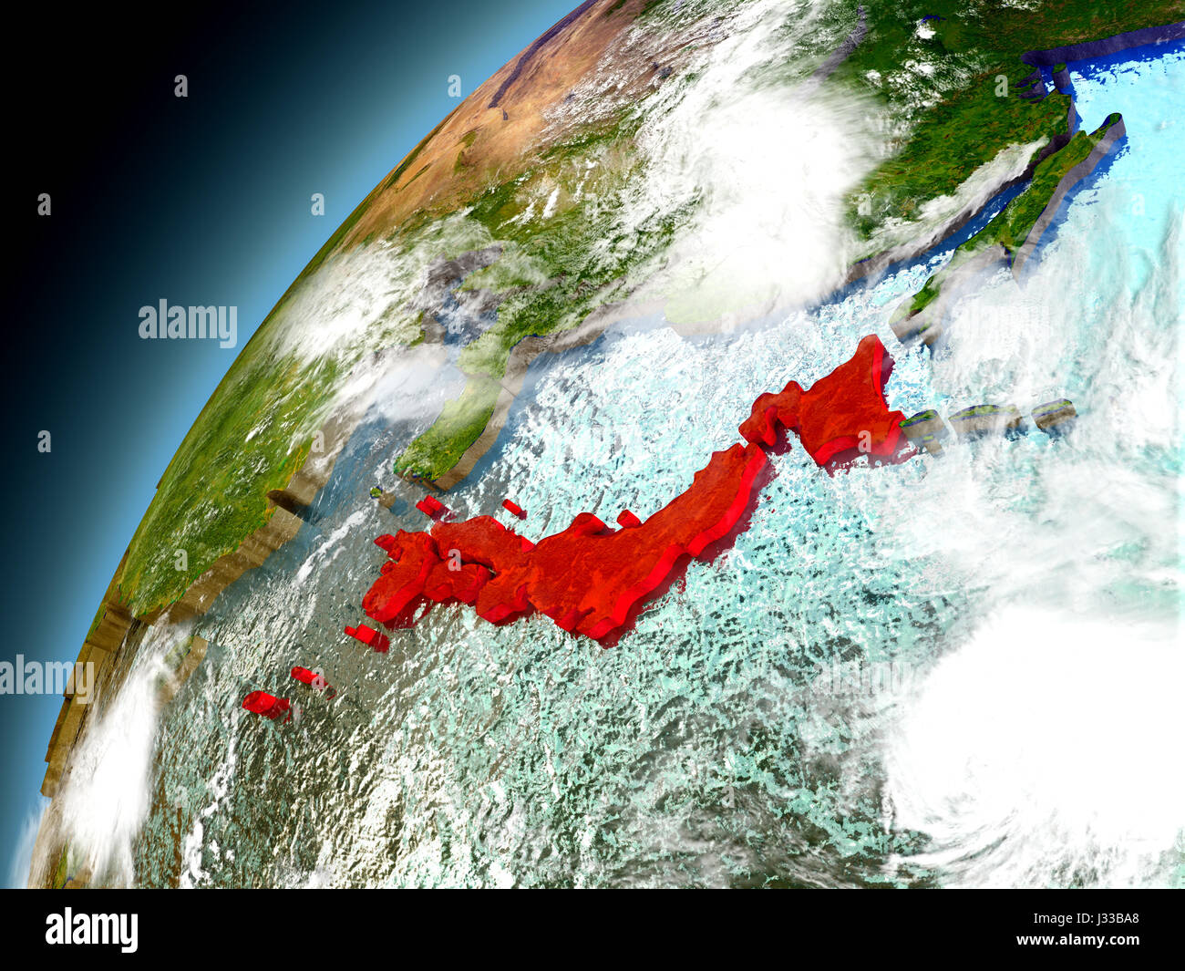 Japan as seen from orbit on model of Earth. 3D illustration with ...