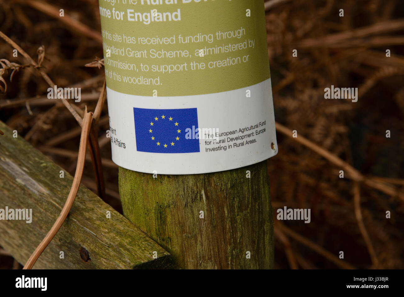 Department for Environment Food and Rural Affairs sign for the English Woodland Grant Scheme paid for by The European Agricultural Fund for Rural Deve Stock Photo