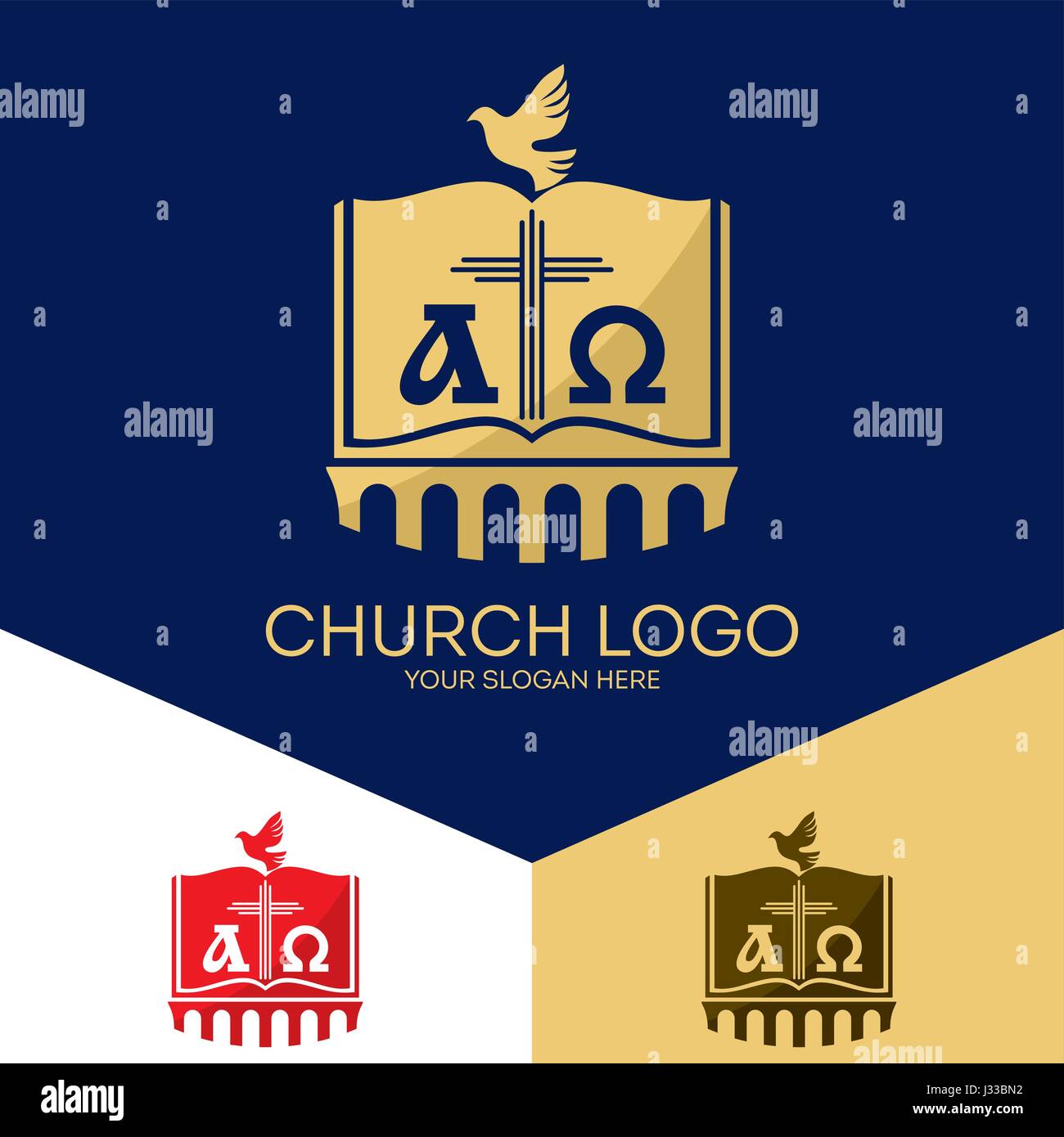 Church logo. Christian symbols. The Bible, the cross of Jesus, the Creator of the earth, alpha