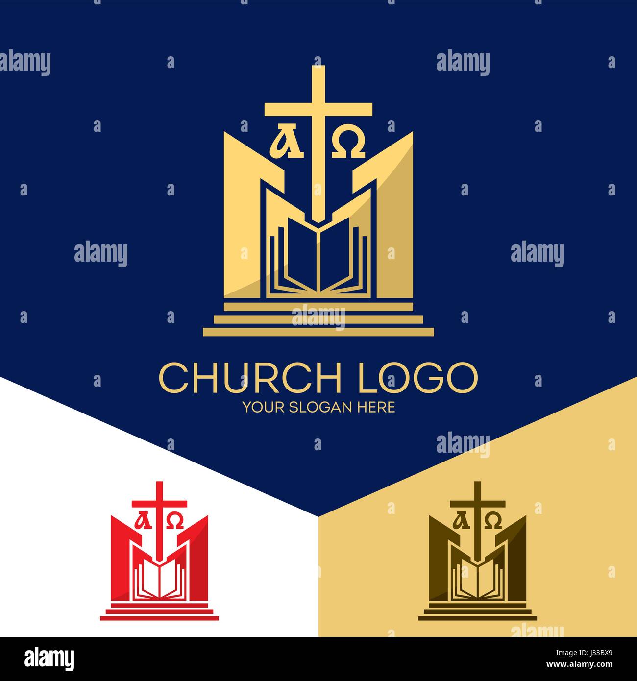 Church logo. Christian symbols. The Bible, the cross of Jesus, the Creator of the earth, alpha