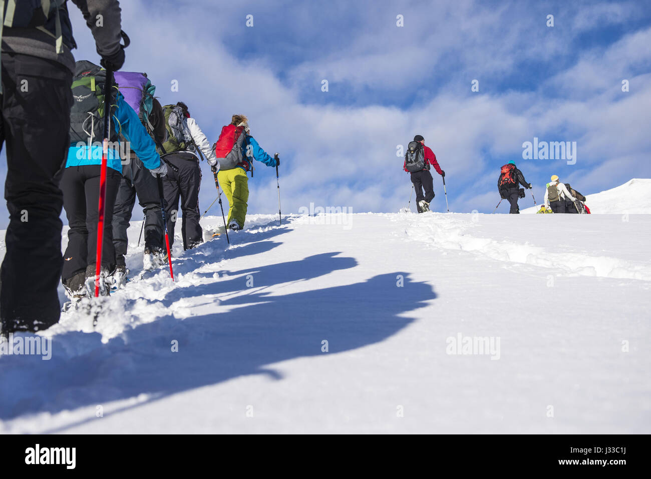 Group of hikers snowshoeing, Schwarzwasser valley in sunshine, Vorarlberg, Austria Stock Photo