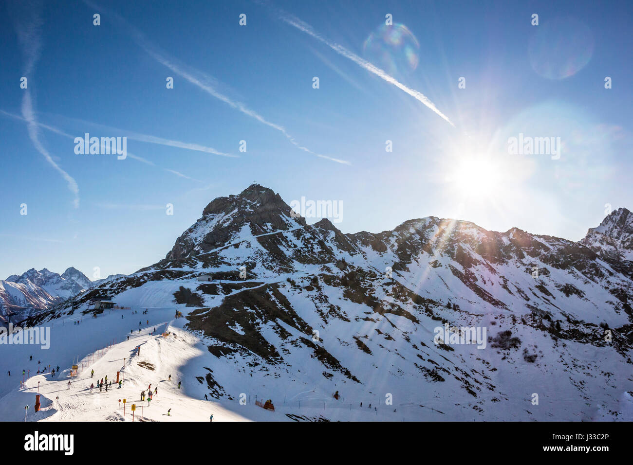 View from the mountain station on the 2Länder ski area in Oberstdorf with Alpine panorama, Oberstdorf, Allgaeu, Germany Stock Photo