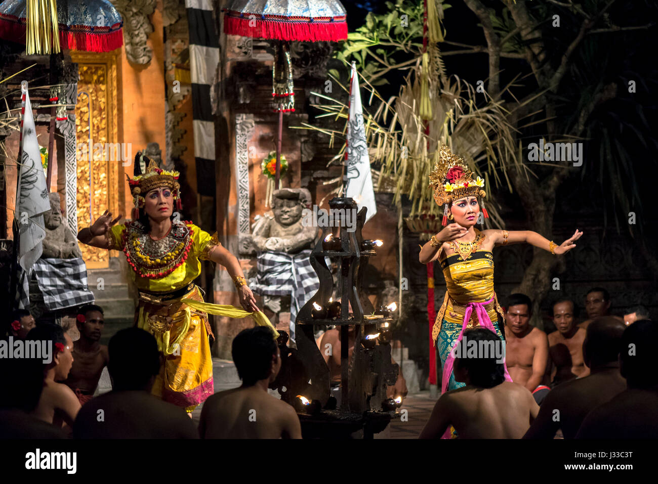 Traditional Balinese Dance Performance in traditional robes and dresses, Bali, Indonesia Stock Photo