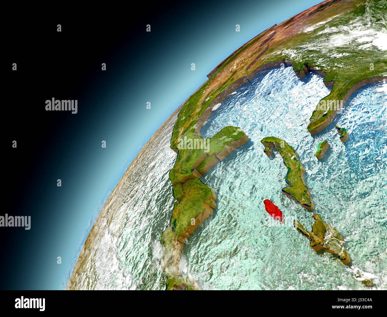 Jamaica as seen from orbit on model of Earth. 3D illustration with