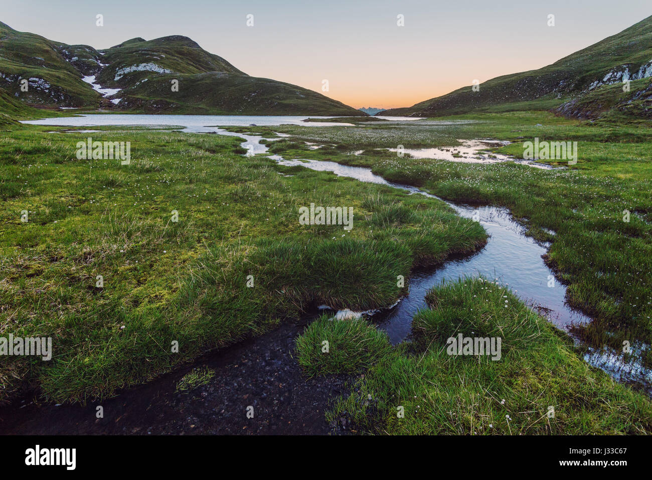 Lake Seefeldsee at sunset, Meransen, South Tyrol, Italy Stock Photo