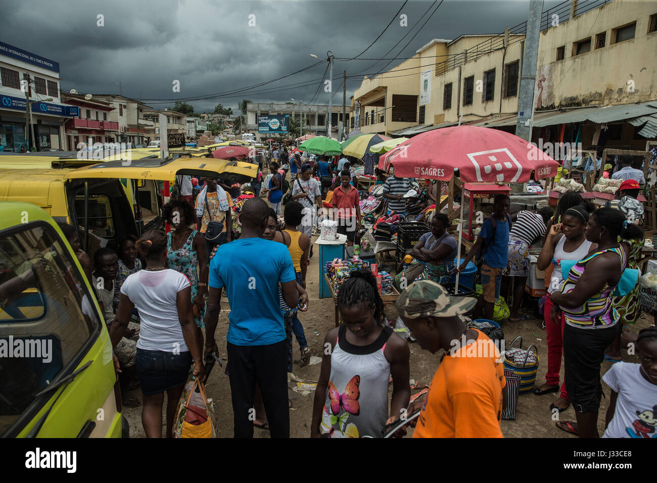 Locals at a public marketplace, Sao Tome, Sao Tome and Principe, Africa Stock Photo